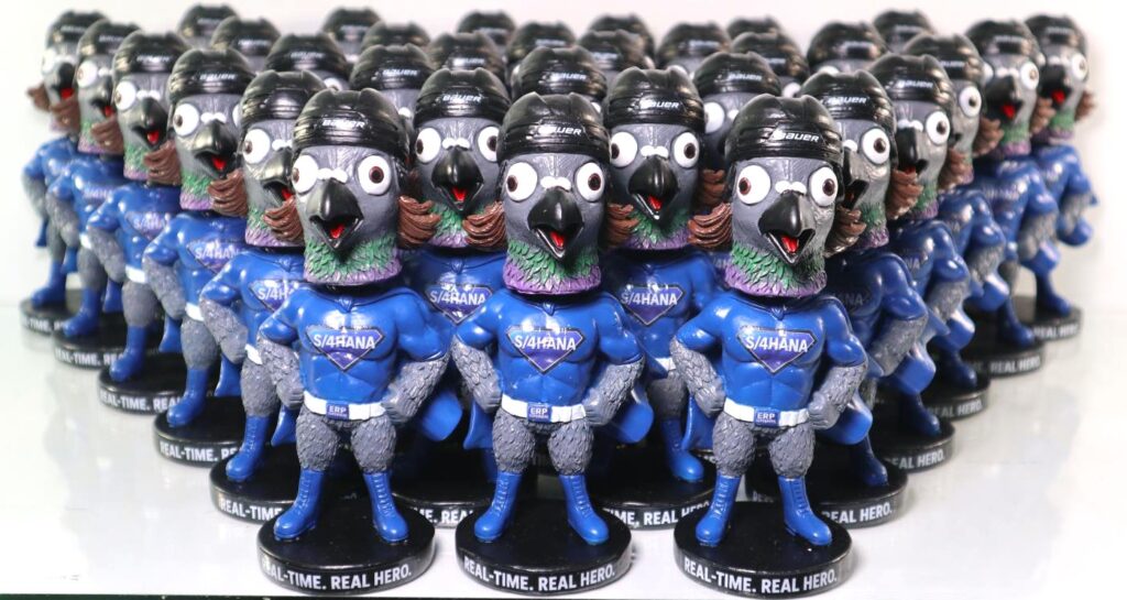 50 custom pigeon mascot bobbleheads completed for a bulk production order