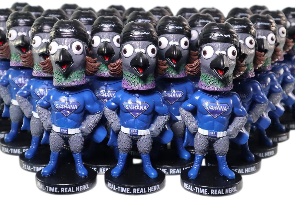50 custom pigeon mascot bobbleheads completed for a bulk production order