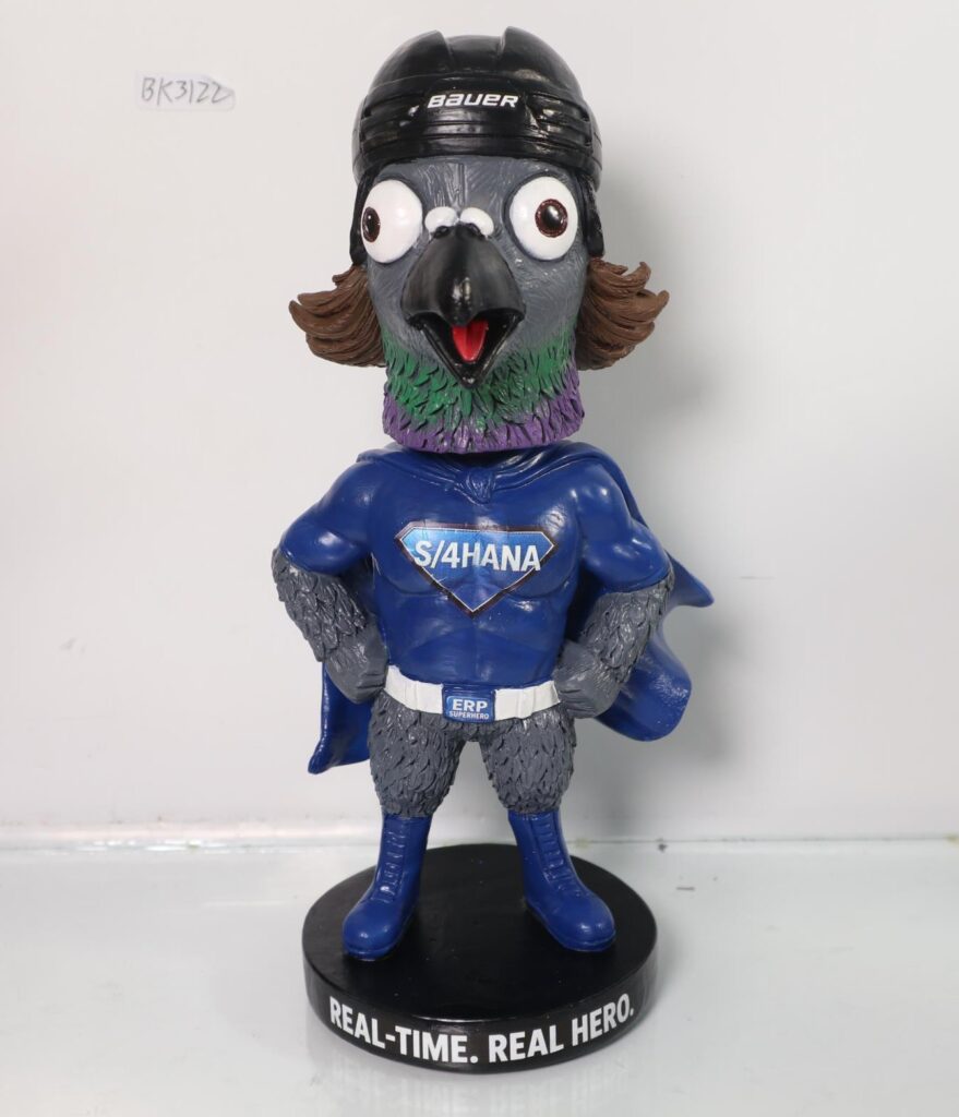 Finished custom pigeon superhero mascot bobblehead with blue costume and personalized base