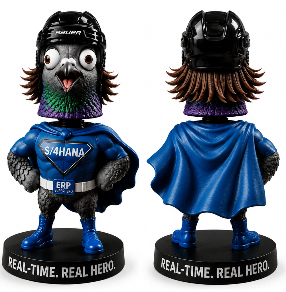 Original front and back design of a custom pigeon superhero mascot bobblehead